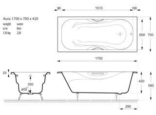 Ванна чугунная Vinsent Veron Aura VAU1707042H 170x70см с отверстиями для ручек